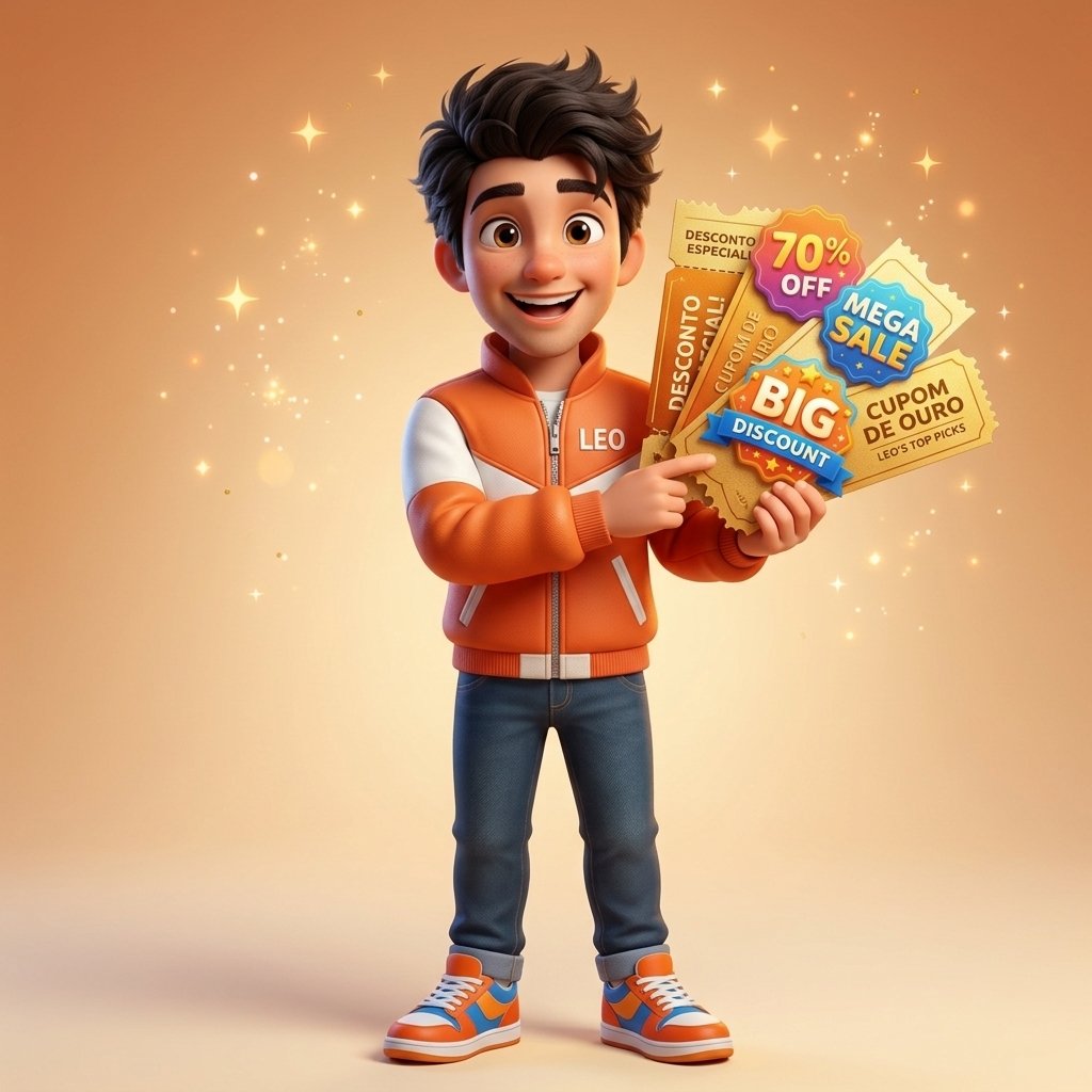 Léo segurando cupons de desconto