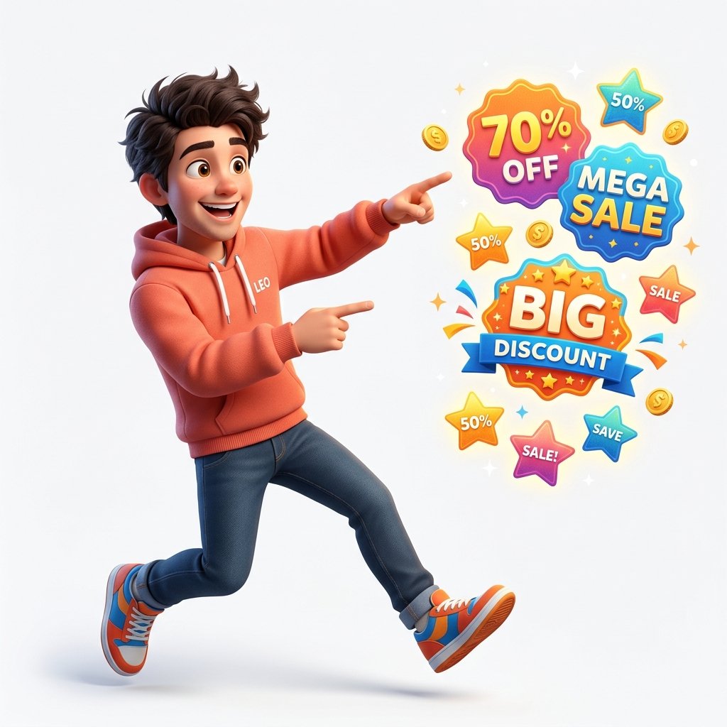 Léo apontando para ofertas